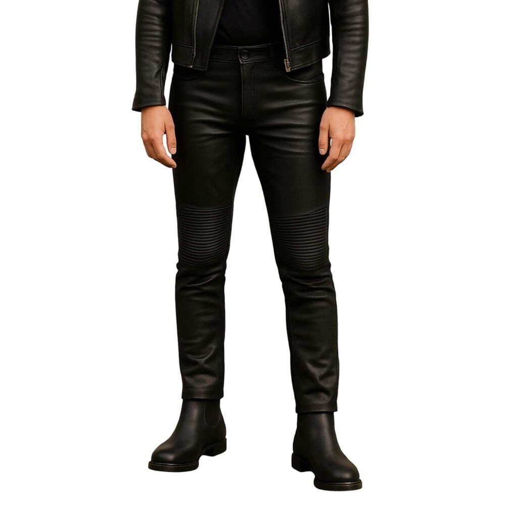 Belstaff Black Biker Pants Size 29 Moto-Inspired Stretch Denim Ribbed Knee Waxed